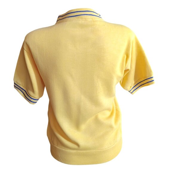 Medium Vintage Creslan Sweatshirt Yellow Pullover Top Ringer Striped Collar 70s - Picture 4 of 9